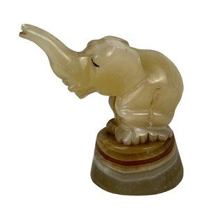 Vintage Onyx Carved Elephant Figurine Trunk Raised Mexico